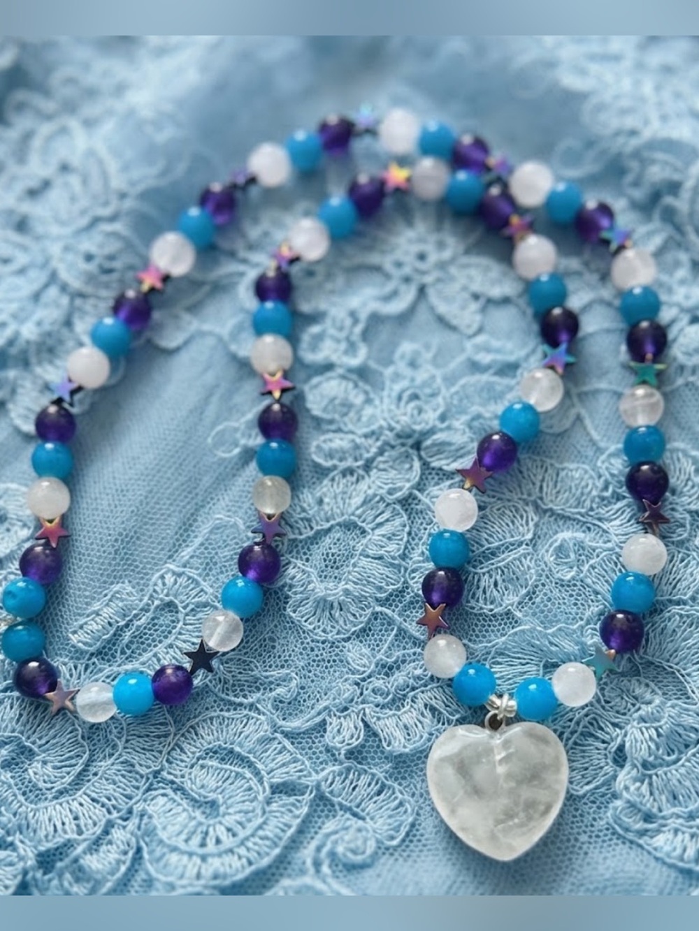 Cotton Candy Rainbow Necklace (Rainbow Hematite, Blue Jelly, Rose Quartz) - Picture 2 of 3